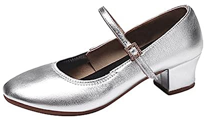 Zapatos de Danza de Tacón para Mujer Zapatos Bailarina Zapatos de Baile Latino, Salsa Mercedita de tacón Mary Jane (Plateado, Adulto, Mujer, 35, Números, Sistema Tallas Calzado EU, Mediano)