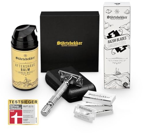 Störtebekker® Premium Anti Hautirritationen Set - Für eine perfekte Rasur - inkl. Rasierhobel Silber, Rasierklingen, After Shave Balsam - Geschenkidee Herren - Rasierset/Bartpflege Set Herren
