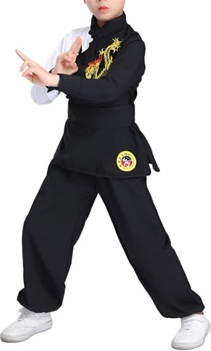 BK FASO Kung Fu Suit for Boys Girls Traditional Outfit Chinese Embroidered Tai Chi Wing Chun Master Martial Arts Sets, Black, 120cm
