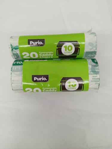Purio Compostable Caddy Liners - 2 rolls of 20 bags. 10 litre capacity per bag