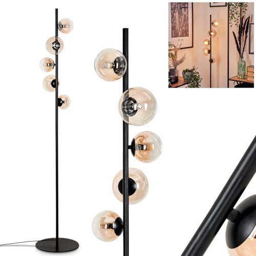 Stehleuchte Remaisnil, Stehlampe aus Metall/Glas in Schwarz/Bernstein/Klar, Leuchte im Retro/Vintage-Design mit Schirmen aus Glas (Ø 10cm, 12cm) u. Fußschalter, Höhe 160 cm, 5 x G9, ohne Leuchtmittel