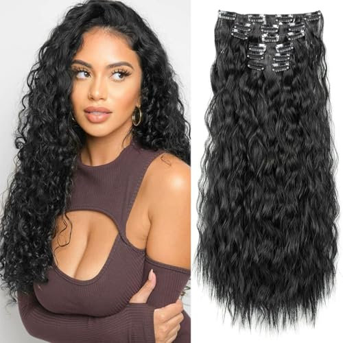 aikaa Curly Clip In Hair Extensions,6PCS Hair Extensions Long Mermaid Waves Wavy Synthetic Clip On Hairpiece For Women 24 Inch Black