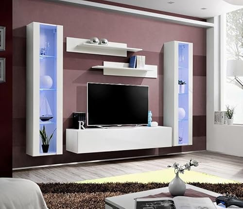 All4All Wohnwand Anet - Schrankwand Hängend - Anbauwand - Wohnzimmerschrank - Wohnzimmer - Modern - Weiß Matt/Weiß Hochglanz 21