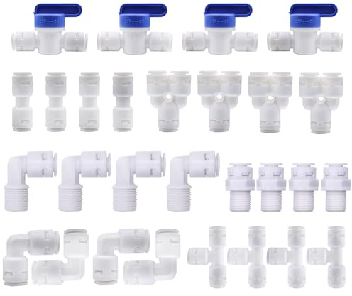 HUAZIZ 28 Stück Kühlschrankschlauch Wasserzulaufleitung Anschluss-Set, RO Water Filter Fitting,für 1/4 Zoll Schlauch, Kühlschrankschlauch,Wasserschlauch (Y + T + I + L Typ + Absperrventil)