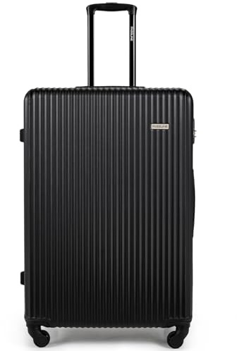 FASSLINE Reisekoffer Groß 76x51x29 cm 96l, aufgegebenes Gepäck, Hartschale aus ABS, Vier 360°-Spinner-Rollen, Zahlenschloss, Teleskopgriff, Größe XL, Hartschalen-Koffer Trolley Rollkoffer, Schwarz