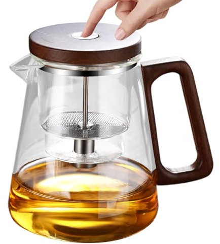 Enchantipot Théière en Verre 800ml Avec Séparation d'Eau et Poignée en Bois, Pot à Thé Magique Avec Contrôle de Presse et Infuseur, Filtration de Thé