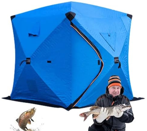 SULQING Isolierter Ice Shanty 3-4 Personen Tragbarer Eisangel-Unterstand Mit Herdanschluss, Pop-up-Eisangelzelt-Eishaus Mit 2 Türen Und 4 Fenstern Zum Eisangeln Im Winter Beim Camping