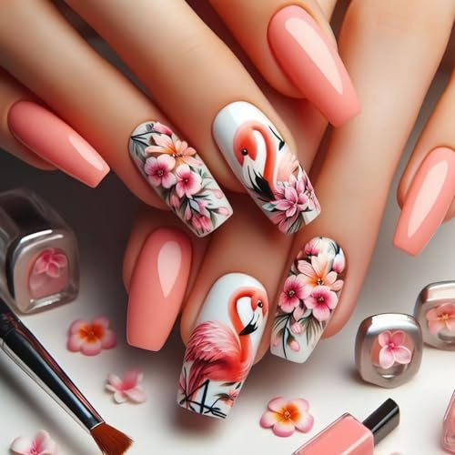 Press on Nails Medium Coffin Fake Nails with Color Flower Design Flame Bird Glue on Nails Orange Red Full Cover False Nails Glossy Acrylic Nails Press ons for Girls 24Pcs