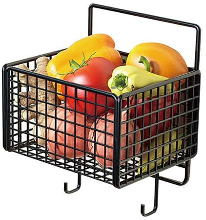 Tissting Cestino Da Parete Da Cucina Con Gancio, Cesto Di Frutta Da Appendere A Parete In Metallo Salvaspazio Di Grande Capacità, Cestino In Filo Metallico, Contenitore Per Posate (Nero)