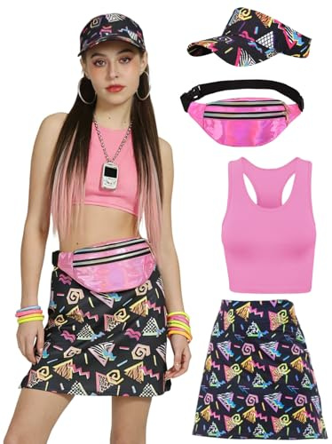 kasahara 80er 90er Jahre Kostüm Damen Retro Trainingsanzug Workout Sport Outfit Skirt, Crop Top, Gürteltasche, Sonnenblenden Hut Karneval Faschingskostüm (Hellrosa, M)