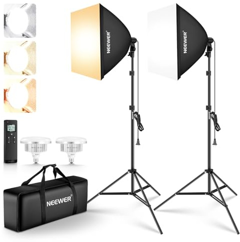NEEWER 2Pcs 24x24 900W Equivalent Softbox Lighting Kit with Tripod Stands, 45W Bi Color 2.4G LED Bulbs, Remote, 10 Channels 2900K-7000K 1400lx/m CRI95, Photography Continuous Lighting Kit, NK103