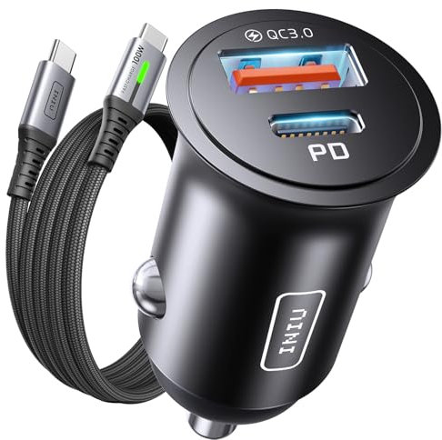 INIU 60W Zigarettenanzünder USB C PD&QC3.0 12V USB Adapter Auto Ladegerät mit [1m] 100W USB C Kabel USB Zigarettenanzünder Adapter KFZ Ladegerät für iPhone 16 Pro Max 15 Samsung S25 Ultra