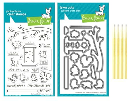 Lawn Fawn Stamp Set Bundle - Backyard Bird Feeder Stamp Set Photopolymer Clear Stamps with Coordinating Custom Craft Die Cuts - with Trebbies Detail Sticks