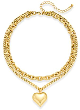 INNERDIVA lager guldhjärta halsband för kvinnor 2 rader guldkedja med ett puffigt hjärthänge