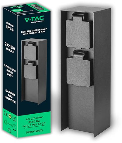 V-TAC Multipresa da Giardino a Colonna in Acciaio - 2 Pese Stucco Schuko 16A -Impermeabile IP44 - Multipresa da Esterno con Design Angolare - Colonna Ricarica Energia - Carico Max 3680W