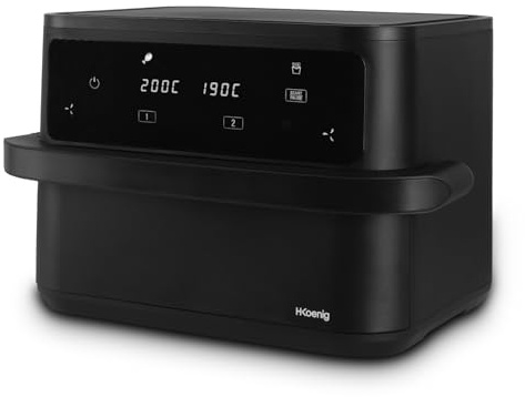 H.Koenig FRY960 Friggitrice ad aria air fryer con scomparto XXL, due vani separati, 10L (5L+5L), 8 modalità di cottura, 80-200°C, timer 60min, arresto automatico, touch screen, cestello rimovibile