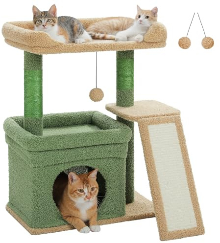 PAWZ Road 27'' Cat Tree with Large Perch, Condo Green | Sisal scratching post, scratching board, dangling ball, space-saving design, climbing, resting, daily claw care