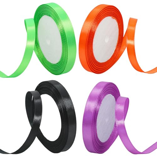 MOMAHUA 4 Rollen Halloween Satinband, 23Mx 10mm Schleifenband, Orange Schwarz Grün Lila Geschenkband, Hallow Bänder Zierband Dekoband für Halloween, Stoffband Satin für Geschenkverpackung Hochzeit