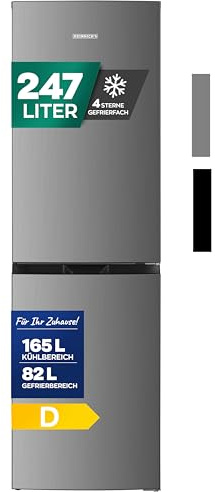 Heinrich´s Kühlgefrierkombination mit 247L Gesamtvolumen, 165L Kühlvolumen 82L Gefriervolumen, LED Beleuchtung, Türanschlag wechselbar, leise 39 dB, große Tiefkühlboxen, Energieklasse D, Inox