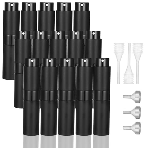 MAQUITA 15 Pieces Travel Perfume Atomizer, Refillable Perfume Bottle, Portable Cologne Sprayer, Aluminum Glass, Black