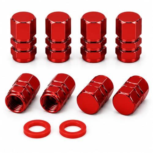 Aluminium Ventilkappen für Autoreifen, Universal, für PKW, SUVs, Fahrrad, LKW und Motorräder, Robustes luftdichtes Siegel, Easy-Grip-Einsatz, Schrader-Ventile (8X Rot)