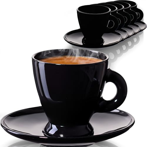 PLATINUX Espressotassen Set – 6 schwarze Espressogläser mit Untertassen aus Glas 93 ml – Kaffeegläser Kaffeetassen