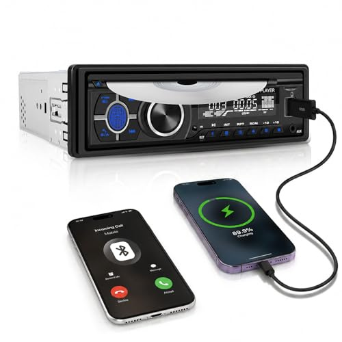 SIXTOP Radio de Coche 1 DIN con Reproductor de DVD/CD, 1Din Sistema Manos Libres Bluetooth Radio 1Din con FM Am, Reproductor MP3 con Control App Compatible con Entrada AUX/Reproducción/Carga USB