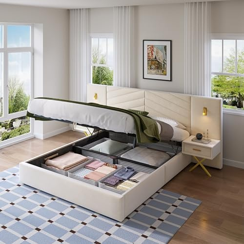 Hmluxury Einstellbarer Bettrahmen Mit Lattenfunktion in Samtoptik, 266x205x117 cm, Mit Zwei Bettkästen, LED-Lampen, Leicht Montierbar