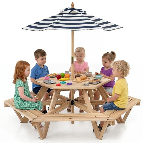 COSTWAY Tavolo Esagonale da Picnic per Bambini 3+ Anni con 6 Panche | Tavolino in Legno Massello con Ombrellone Rimovibile e Regolabile per Giardino, Balcone e Cameretta