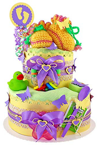 MomsStory - Windeltorte neutral | DIY Windelgeschenk Vintage | Baby-Geschenk zur Geburt Taufe Babyshower | 2 Stöckig in Lila-Gelb | XL Geburtsgeschenk