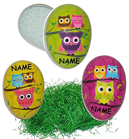alles-meine.de GmbH XXL Set: Ostergras + 10 Stück Füll - Pappeier 15 cm - incl. Name - Eulen & Eule auf AST - Osterei/Ei zum befüllen - Deko Pappe Papp Pappeier Dekoei Papposte..