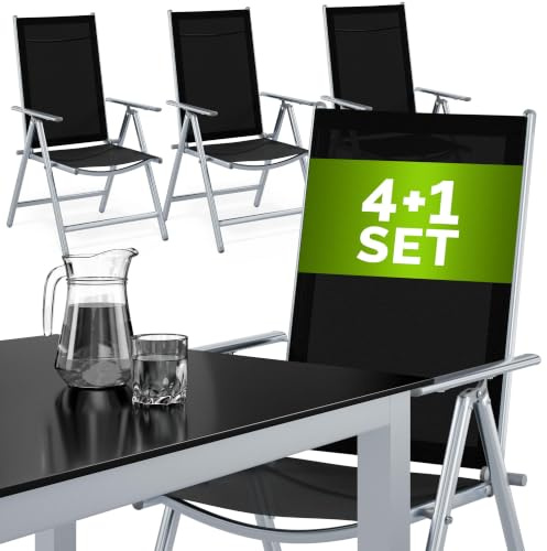 Casaria® Gartenmöbel Set 4 Stühle mit Tisch 90x90cm Aluminium Sicherheitsglas Wetterfest Klappbar Modern Terrasse Balkon Möbel Sitzgruppe Garnitur Bern