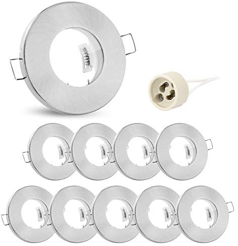 linovum Einbaurahmen 10er Set IP65 silber rund GU10 flach | Zehn flache Deckenrahmen IP65 Alu gebürstet - mit Echtglas für Bad, Dusche & außen, nur 28mm tief, inkl. Fassung (ohne Lampe)