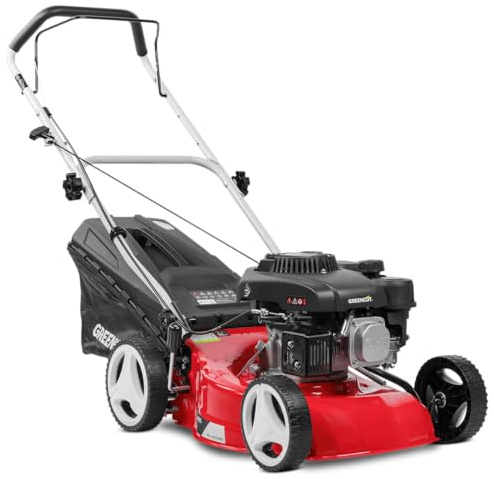 GREENCUT GLM680X - Tondeuse à essence 4 temps OHV 139cc et 5cv Démarrage manuel facile, largeur de coupe 410 mm, rotatif, hauteur de coupe réglable, sac de ramassage 45L
