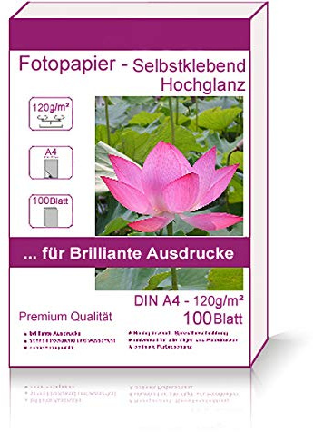 100 Blatt DIN A4-210x297 mm 120g/m² Fotopapier Selbstklebend Hochglanz Hglossy wasserfest Photopapier photopaper photo paper glänzend 120g / m² 120g/qm DIN A4-210 x 297 mm 21 x 29,7 cm