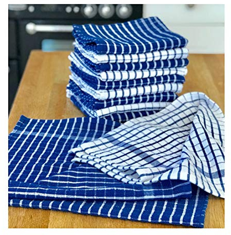 JMS Bridge Cotton Kitchen Terry Tea Towels Blue White Large***Pack of 6*** Super Absorbent Kitchen Dish Cloths Cleaning Drying 40 cm x 65 cm. Assorted Colours (6xKTowel)