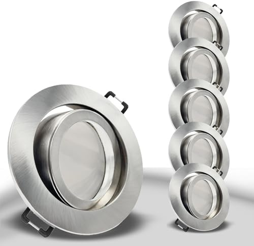 trendlights24 Premio-C LED Einbaustrahler 230V 5er Set 4W Warmweiß GU10 | Deckenspots, Edelstahl Optik, rund, 300lm, 3000k, LED Spots, austauschbar, Decken Einbauleuchte, schwenkbar, 68 mm Lochmaß