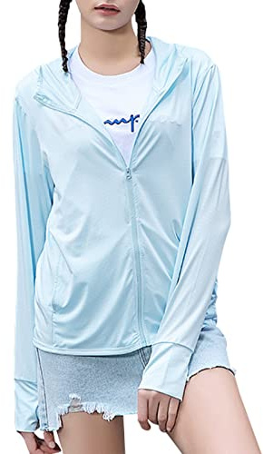 Women's UPF 50+ UV Sun Protection Clothing Zip Up Lightweight Hoodie Long Sleeve Sun Shirt Hiking Outdoor Performance Jackets with Hood Sky Blue Medium