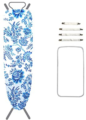 Highdi Bügelbrettbezug 137x42cm, Groß Universal Bügelbrettbezug für Dampfbügelstation, Bügelbrettabdeckungs mit 4 Gummizug und Spannern 1 Bügeltuch (Blaue Blumen,137x42cm)