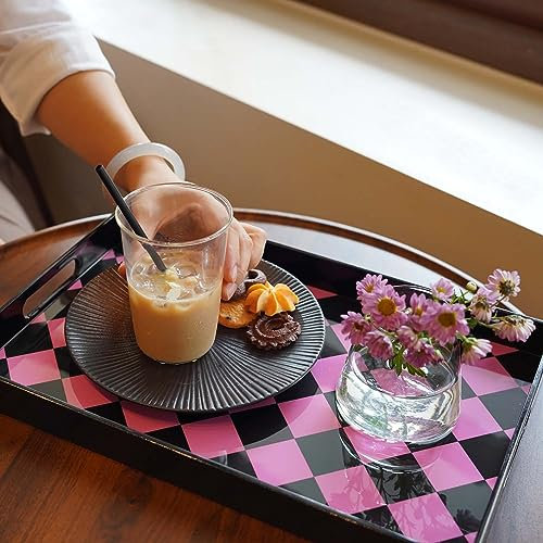 Zosenley Dekoratives Tablett, marmoriertes Kunststofftablett mit Griffen, rechteckiges Kosmetiktablett und Serviertablett für Badezimmer, Ottomane und Couchtisch, 39.6x25.9 cm (Rosa Schwarz Diamant)