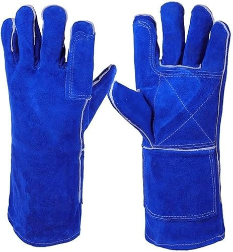 AVRYN Schweißerhandschuhe, Feuerfeste Handschuhe Leder, Gartenhandschuhe Blau 340 mm, Kaminhandschuhe Hochtemperatur-Grillofen Lang gefütterte Schweißerstulpen Log Fire Safety Gloves Workin