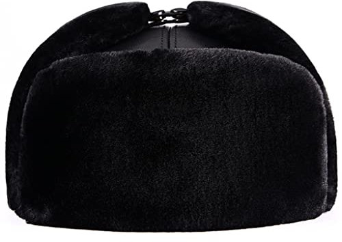 ZHOUXIAO Unisex Winter Lederhut Aviator Hut Ohrklappen, Winddichte wasserdichte Mütze Bomber Trapper Hut, weiche warme Jagd Hut Russian Kunstpelz Trooper Hut, Geschenk für Äl black-60-61CM