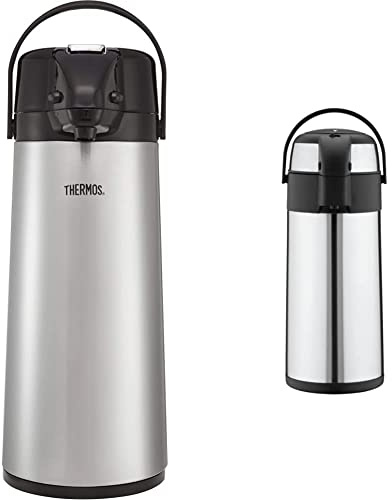 Thermos 184625 Lever Action Pump Pot, 2.5 L Black & Pioneer Flasks SS50R Stainless Steel Airpot Hot Cold Water Tea Coffee Dispenser Conference Event Flask, Satin Finish, 5 litres