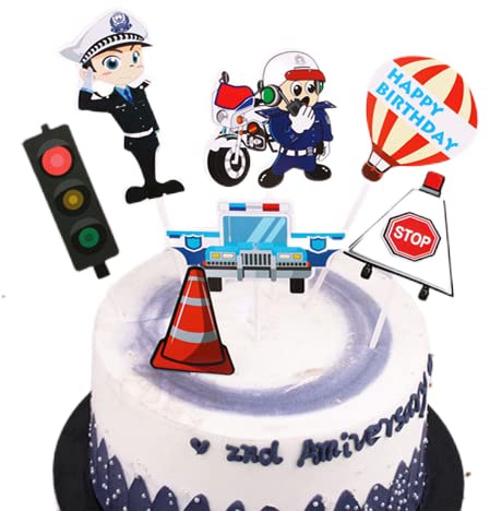 LEEMASING 7 Stück Tortenaufsätze mit Verkehrspolizei, Happy Birthday, für Jungen oder Mädchen, Jahrestag, Feier, Party