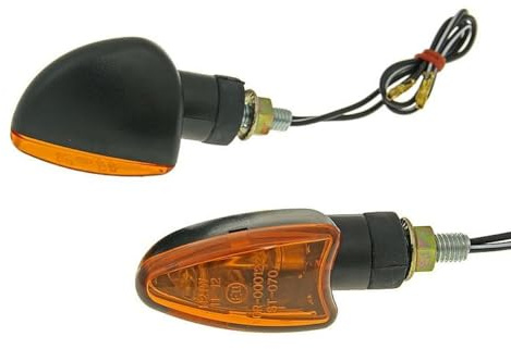 Blinker Set Universal M8 schwarz Edge kurz, kompatibel mit Roller, Moped | 2x Blinker mit M8 Gewinde, kurzer Arm, 68 mm Länge; orange Glas; 12 V, 21 W, Halogen; kompatibel mit Motorrad, Mofa, ATV