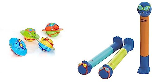 Zoggs Unisex Baby 4 Pack Kids Seal Flips & Dive Sticks Pool Toys, Multicolour, One Size UK, Age 3+ Months, Includes Seal Flips & Dive Sticks
