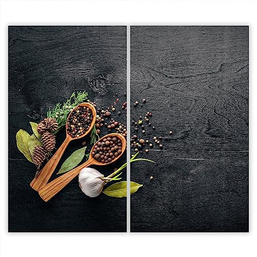 SMTDeco Herdabdeckplatte 2×30×52 cm – ESG gehärtetes Glas, kratzfest & rutschfest – Spritzschutz & Schneidebrett – für Induktion/Ceranfeld – 2-teilig, Motiv Zweiteilig Kräuter Grau