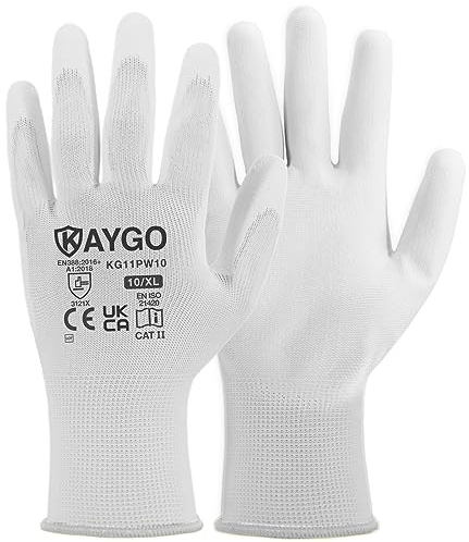 KAYGO PU beschichtet Arbeitshandschuhe für Herren Damen 12 Paar, KG11PW | Schutzhandschuhe, antirutsch Grip an Handflächen und Fingern, Geeignet für Lager DIY Gartenarbeit (Weiß, XL, Gr 10)