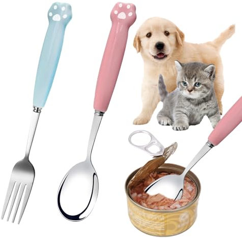 Pet Food Spoon 7.3in, Long Pet Can Spoon and Dog Food Fork Stainless Steel Cat Food Spoon Fork Dog Cat Feeding Spoon for Wet Food (Blue Pink)