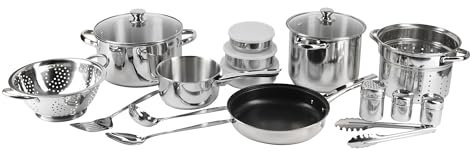 RENBERG LUCA Ensemble d'ustensiles de cuisine en acier inoxydable 18 pièces - Comprend des poêles avec couvercles, des poêles à frire, des ustensiles et des bols Convient à tous les types de cuisson